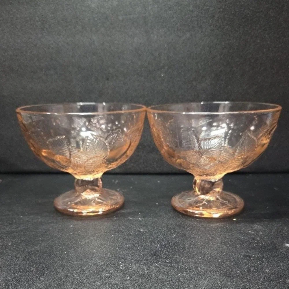 Pasabahce Pink Dessert Bowls, Set of 2, Vintage Fruit Design, Footed‎ Glassware